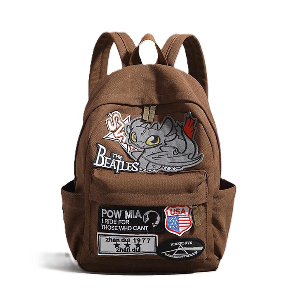 브라운 패치 장식 캐릭터 백팩 데일리 학생 가방 락밴드 로고 꾸안꾸 대학생 배낭