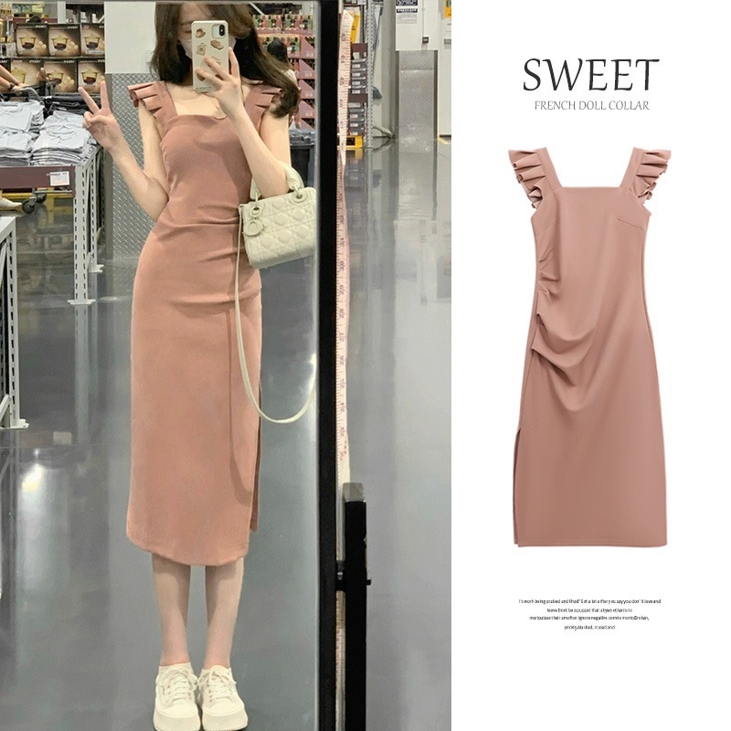 フライングスリーブワンピース レディース 2025年夏新作 フレンチニッチ スクエアネック ウエスト痩せ ミモレ丈 スリットスカート