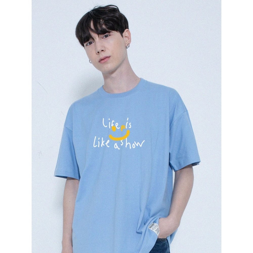 GRAVER ビッグドローイングスマイルライフロゴ半袖Tシャツスカイブルー