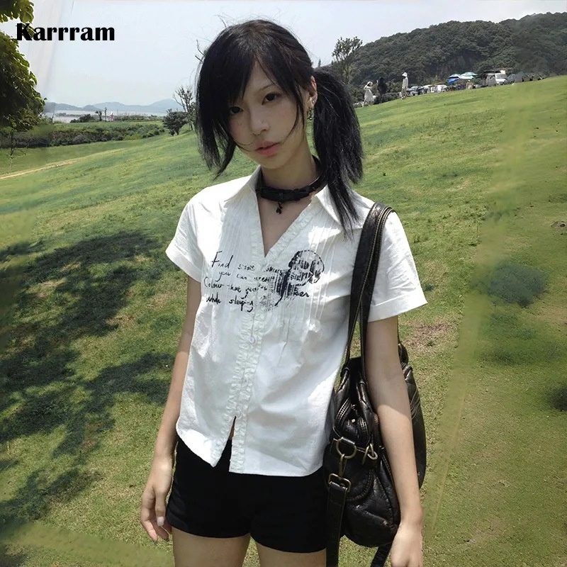 Krarram y2k-スカルプリントTシャツ,白いTシャツ,Vネック,日本の原宿,トラッシュスタイル,2000s - 200000345