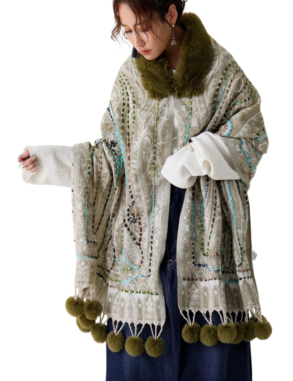 [antiqua] [アンティカ] ファー付き ポンチョ レディース ストール マフラー IYA-00123