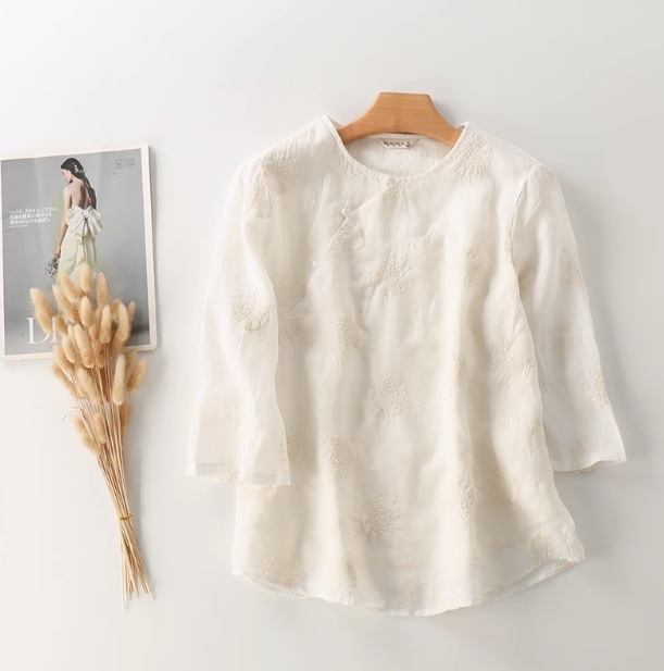 ブラウス ガーゼシャツ シャツ 長袖 レディース チュニック 夏 刺繍 5分袖 カットソー 体型カバー 綿麻 コットンリネン フレア ゆったり ホワイト フリーサイズ