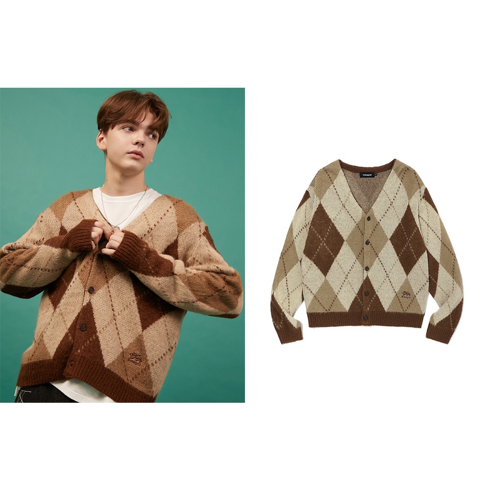 StrayKids着用/アーガイルニットカーディガン_beige/韓国ファッション 大学生ファッション 韓国の人気ブランド
