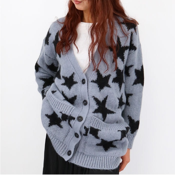 1R3KA04P 6K3 星柄モヘヤカーディガン CN0 CELESTE/NER 長袖 ニット オーバーサイズ ロング丈 ヴァレン
