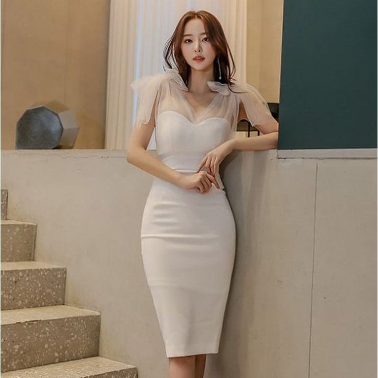 パーティードレス 韓国 ドレス 個性的 ワンピース プチプラ リボン 白 ホワイト 即納 モテ 10代 20代 30代 40代 タイトワンピース ホワイト上品 着痩せ セクシー 発表会 お呼ばれ キャ