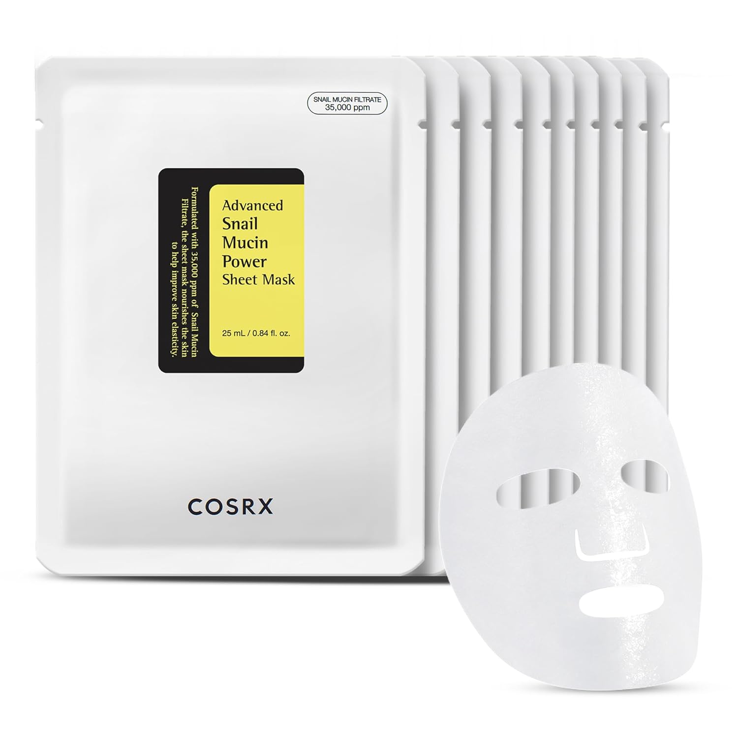 COSRXカタツムリムチンシートマスク10EA乾燥ニキビ敏感肌カタツムリ分泌ろ過物動物実験なしパラベンなし硫酸塩なし韓国スキンケアのためのカタツムリエッセンスリーヴオンフェイスマスクでフェイスパック