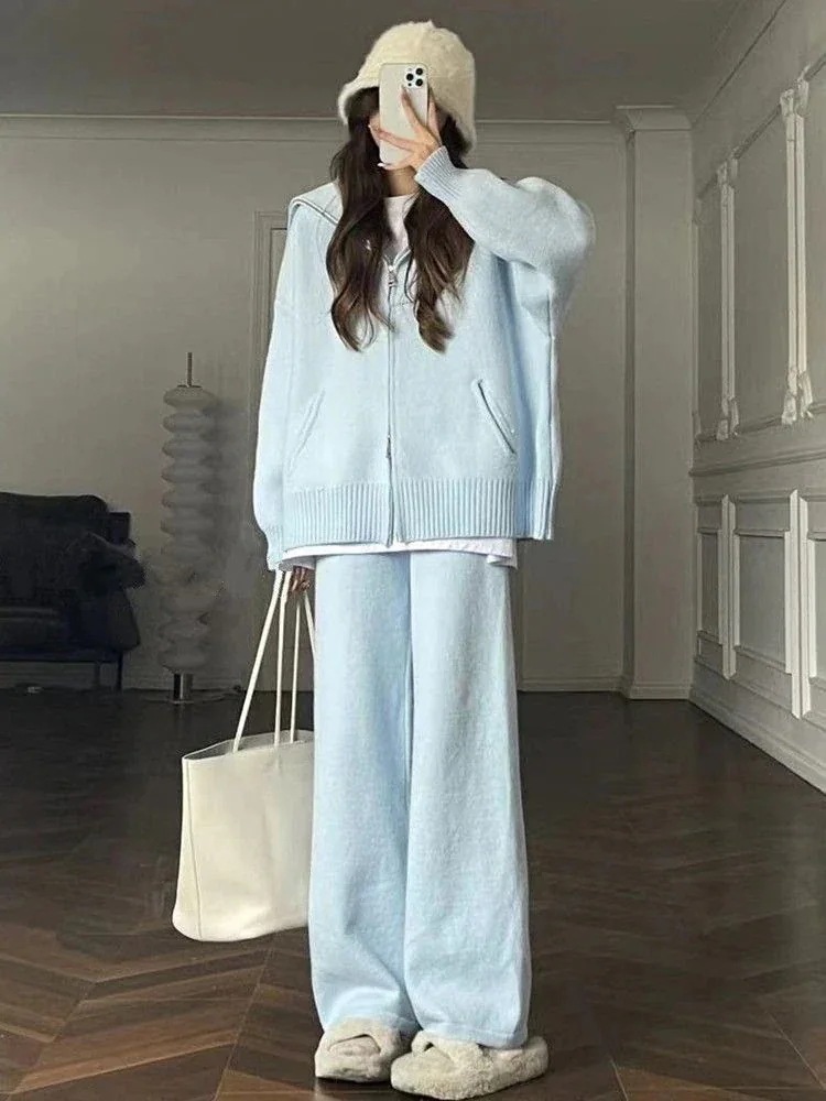 通勤ファッション カジュアル 気質 簡単な やさしい セット ニットセーター 2つセット ファッション 秋冬新作 学生服 2025 ワイドパンツ