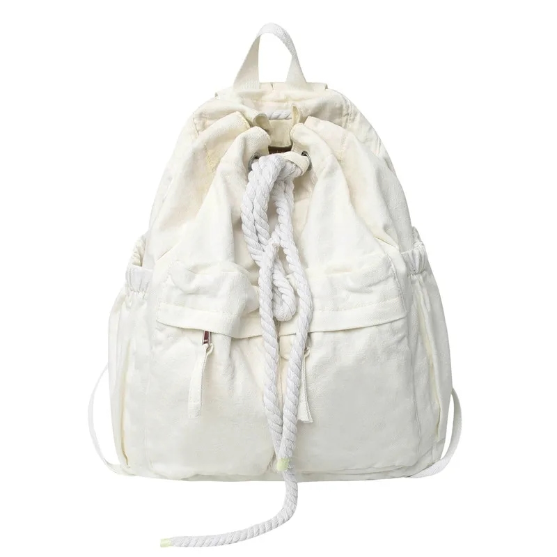 女の子のためのヴィンテージキャンバスブックバッグ,巾着付きキャンバスバッグ,茶色,ラップトップ,大学,旅行,学校,クール white L34cmW16cmH41cm