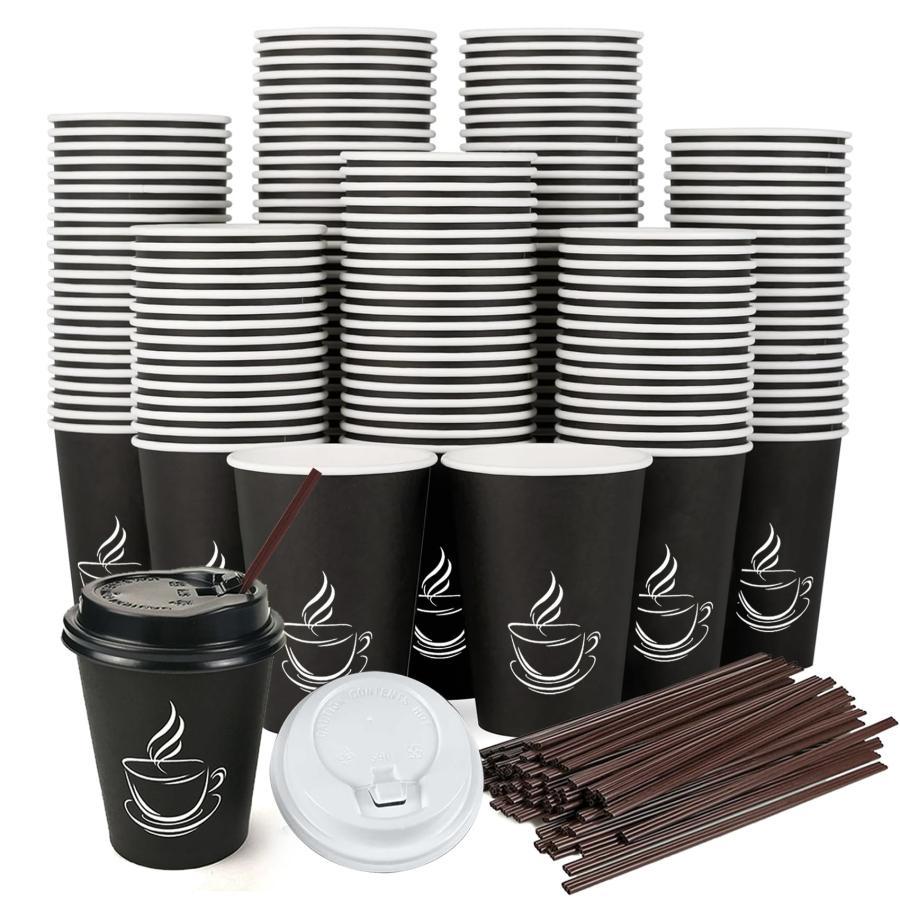 短納期紙コップ 使い捨て 蓋付き 300個入セット 撹拌可能ストロー付き 業務用 コーヒー カップ 耐熱 テイクアウト カフェ ホットドリンク 紙コップ 三重断熱紙コップ