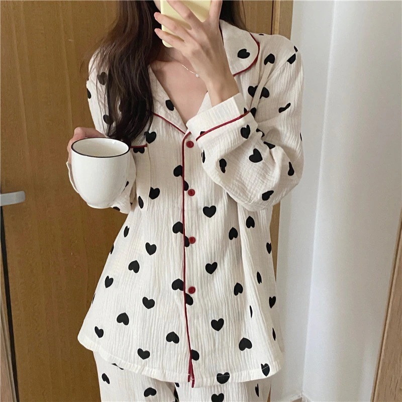ルームウェアジャージペアルックカップル韓国ins婦人服コットンガーゼパジャマ春と秋の長袖カーディガン愛の部屋着セットセットアップ　レディーススウェット上下セット
