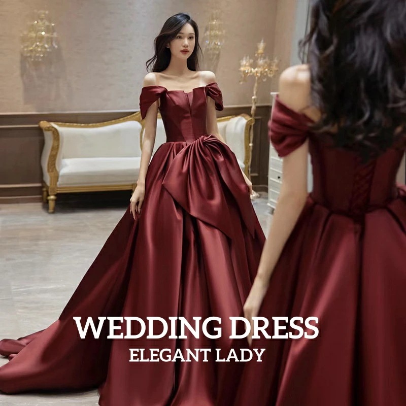 超目玉新品 レディースドレス パーティードレス エレガント 上品 きれいめ 着痩せ ロング丈 イブニング 結婚式 お呼ばれ 舞台演出 ワイン オフショルダー 高級感 無地 編み上げ 礼服 司会 披露宴