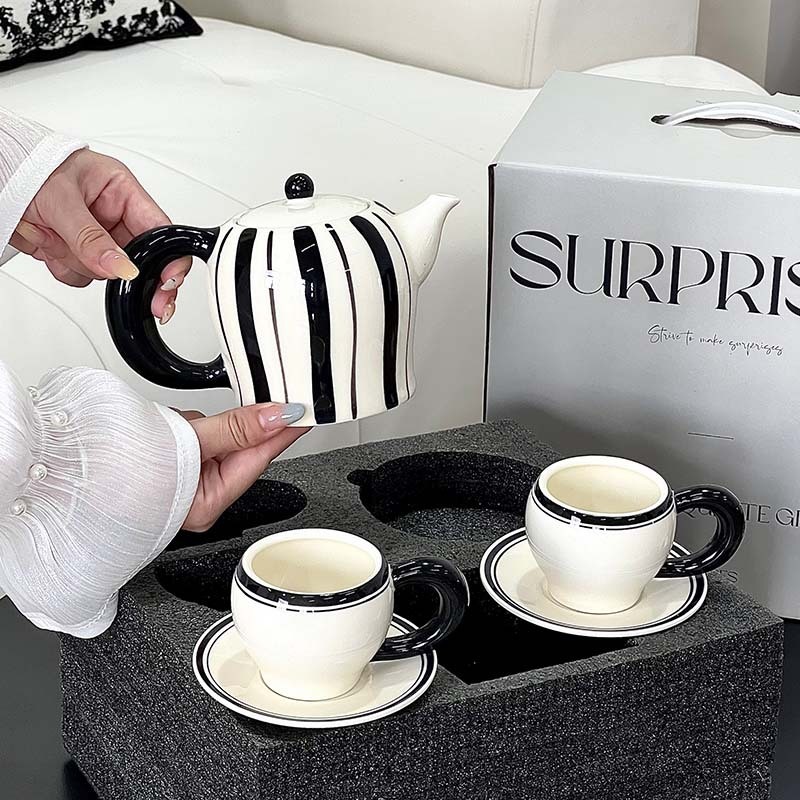 軽量贅沢レトロストライプ茶器セット家庭用商用高ルックス値1ポット2杯セットプレゼントセット