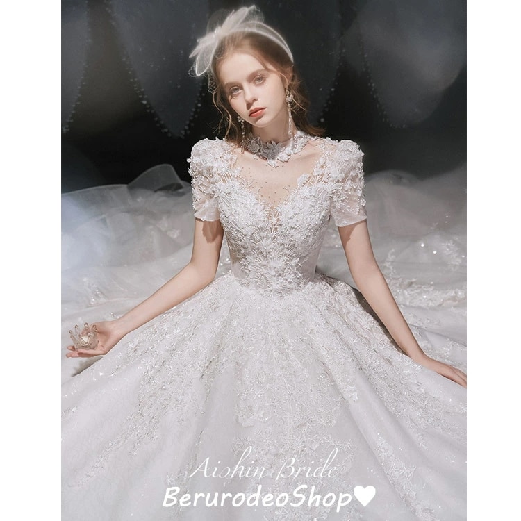 お手頃価格ウェディングドレス レース 立ち襟 ホワイトドレス 結婚式ドレス ウェディングドレス 袖あり 白 ブライダルドレス プリンセスドレス 花嫁ドレス トレーンドレス ビーズ キレイめ 海外挙式