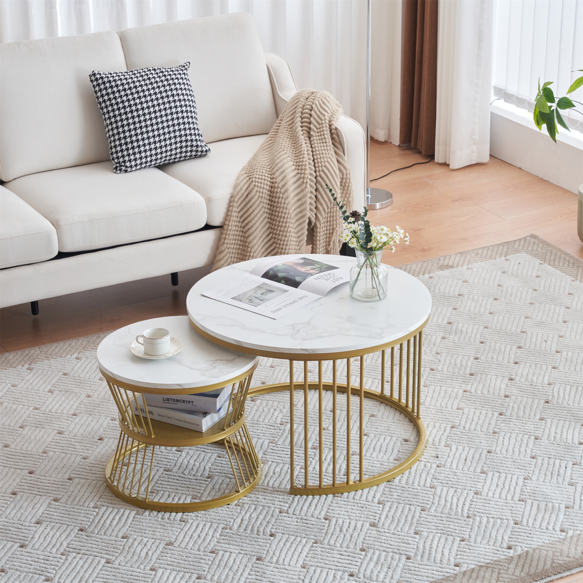 センターテーブル テーブル ローテーブル 大理石調 波紋 収納付 おしゃれ 入れ子式 円型 丸型 2個セット 鏡面 光沢感 収納付 組み合わせ自由