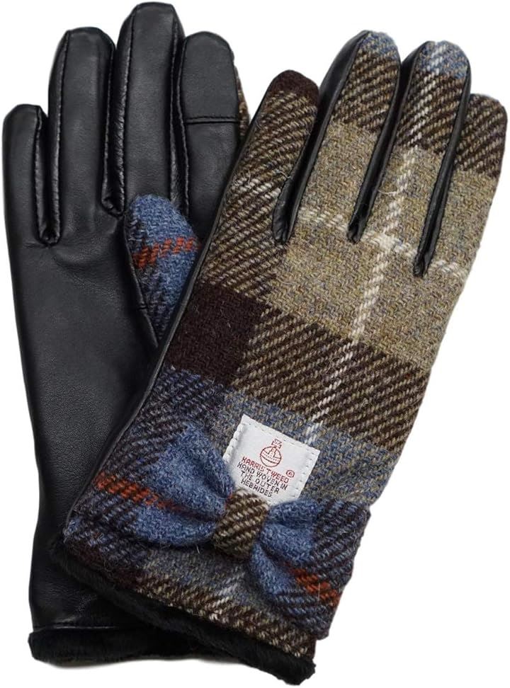ハリスツイード Harris Tweed レディース レザー コンビ スマホ対応 革 手袋 裏ボア ケース付 FREE(リボンタイプ（ブラウンチェック）, FREE (S-M))