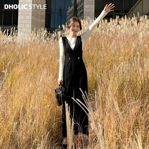 [メガ割りSALE]ゴールドボタンディープVネックオールインワン・p385099