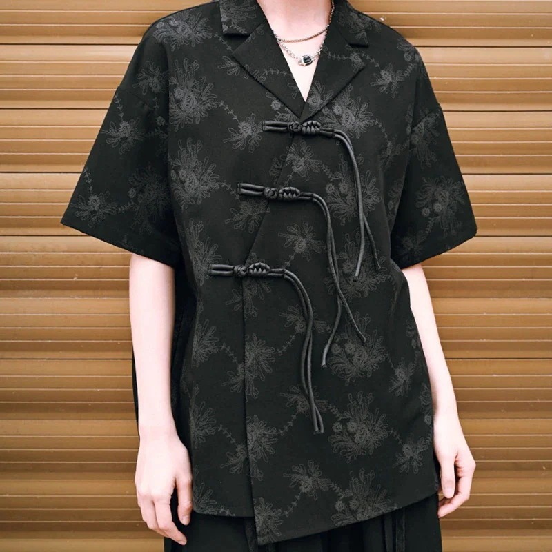 チャイナ風シャツ レディース 半袖 黒色 花柄トップス ブラウス オリジナル チャイナボタン 暗黒風 パンク系