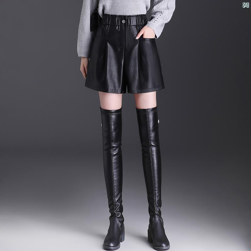 レザー ショート パンツ レディース 秋冬 ハイウエスト スリム Aラインイン ワイド レッグ 着用 ブラック ブーツ レザーパンツ