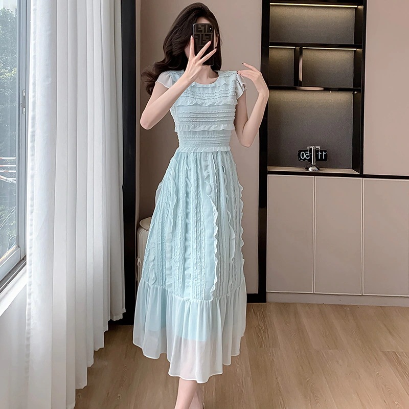 レディース ブルー 春夏 気質 ギャザー フリル ウエスト引き締め Aライン 修身 着痩せ 脚長効果 ワンピース レディース ロングスカート