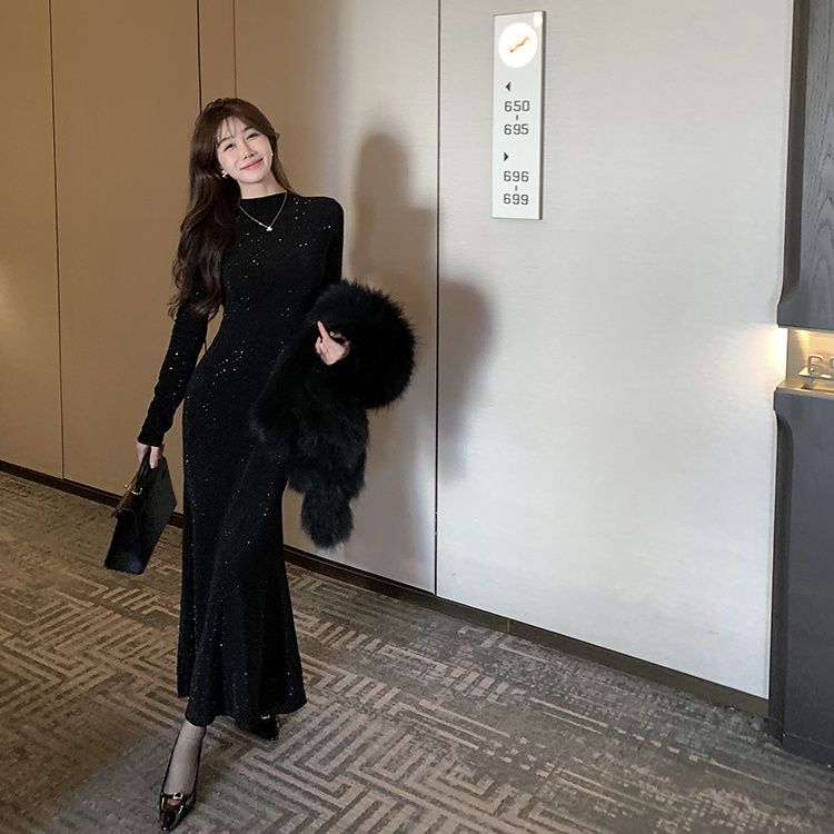 心地よい黒ベルベット明るいダイヤモンドヒップフィッシュテールドレス女性の高級気質ウエストスリムロングスカート