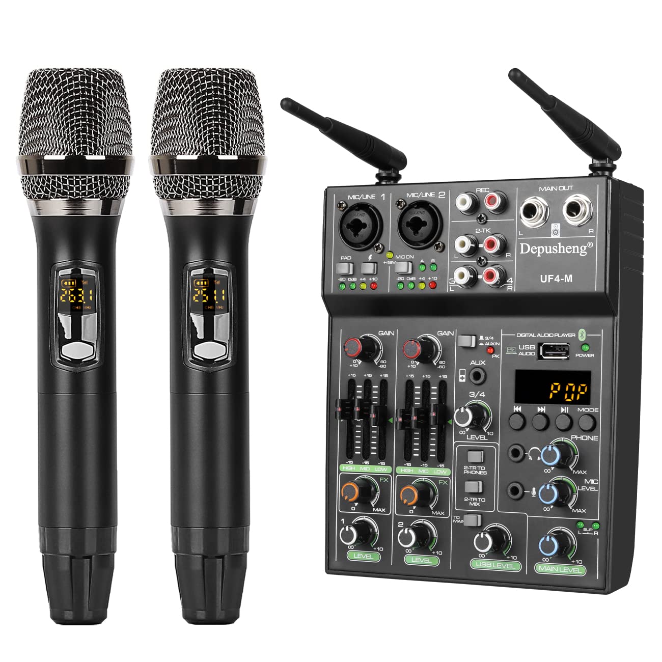 Depusheng Studioオーディオサウンドミキサーボード-4チャンネルBluetooth互換プロフェッショナルポータブルデジタルDJミキシングコンソール（ワイヤレスマイク付き）-スタジオレコー