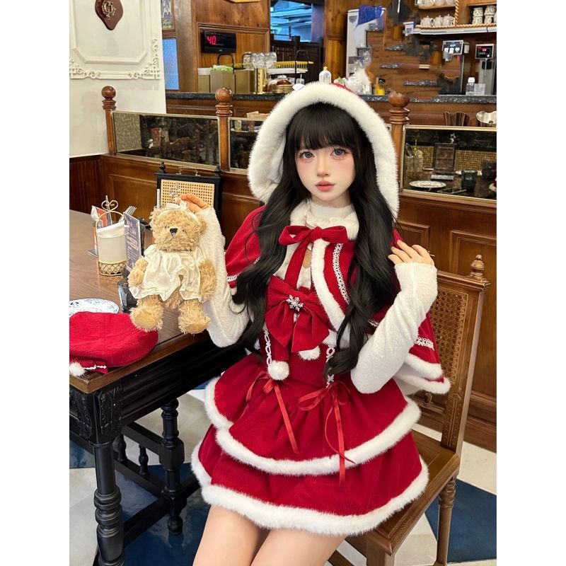 クリスマスロリータドレス優しい風気質甘いクリスマスイブ赤ずきんちゃんケープくり抜きスリムニットトップウエストふわふわスカートスーツ