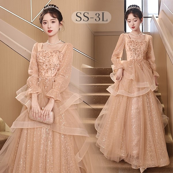 大人 ピアノ 発表会 ドレス ロング丈 ぽっちゃり 大きいサイズ イブニングドレス 演奏会 ピアノ発表会 袖付き ワンピース Aライン ステージドレス 二次会 女子会 成人式 パーティードレス 大人可