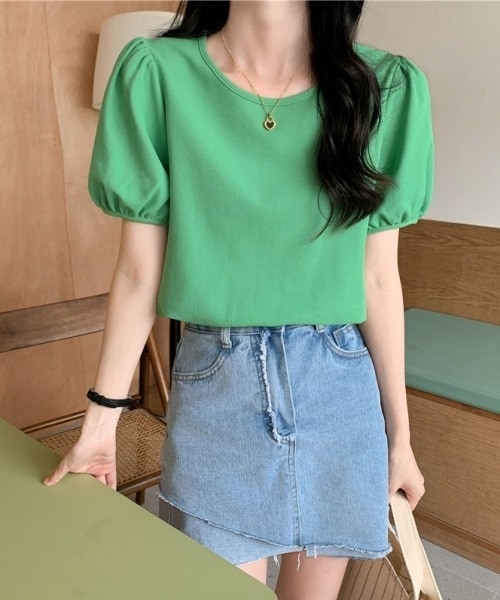 レディース トップス カットソー プルオーバー Tシャツ ミドル丈 半袖 パフスリーブ 萌袖 ラウンドネック ストレート きれいめ シンプル 上品 無地 夏 10代 20代 30代 40代 50代