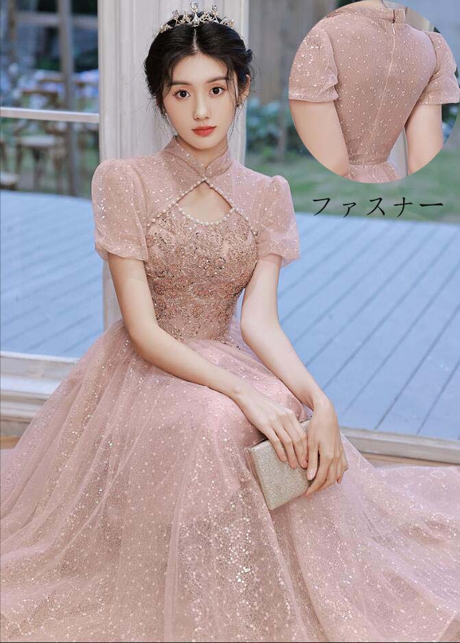 ロング丈ワンピース 韓国風 宴会ドレス ステージ 衣装 ロングドレス 高級感 パーティードレス Aラインドレス 半袖 プリンセスライン 結婚式 洋服 スレンダー 花嫁の介添え人 ドレス 忘年会 お嬢様