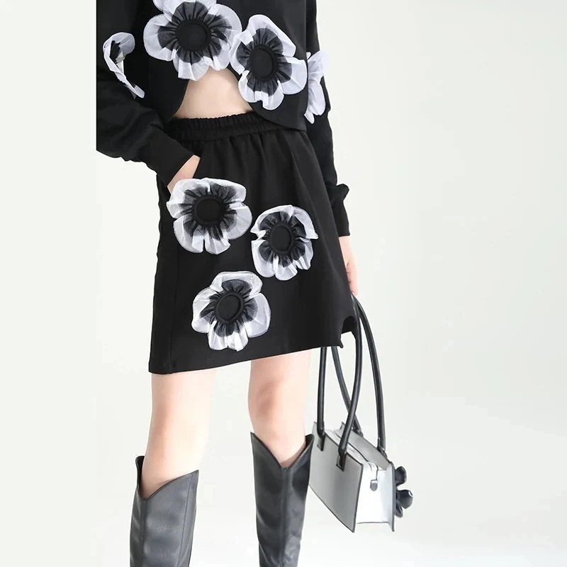 【J.Fashion】 花飾り ミニスカート ゴム ハイウエスト スリット ショートスカート 関連商品は店で購入可能 メガ割30%までに制限