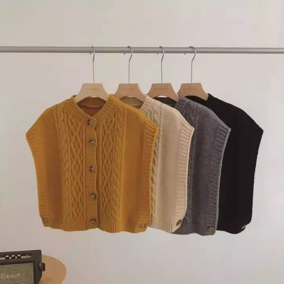 ニット トップス ベスト ケーブルニット ノースリーブケーブルニット クルーネック 前開き ボタン ノースリーブ 袖なし ケーブル編み MIX編み レディース かわいい 大人可愛い おしゃれ ガーリー
