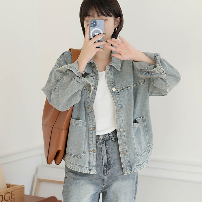 [韓国ファッション] 女性用カラーネックポケットデニムジャケット