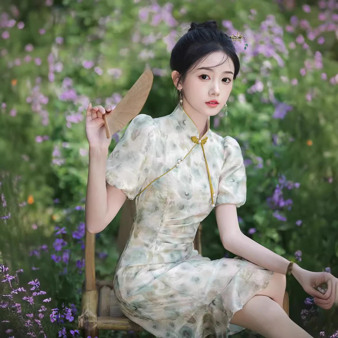 2024春夏改良チャイナドレスショートスリムフィット体型カバー気質パフスリーブデイリードレス女性用