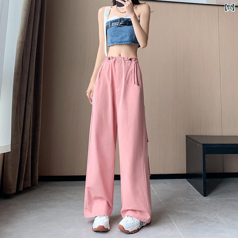 カーゴパンツ レディース カジュアル ハイウエスト 大きめサイズ 秋冬 ワイドパンツ ストレート 韓国 ピンク ブラック グリーン