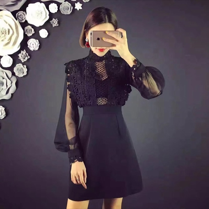 パンチングレース　シフォンワンピース　ドレス　ミニ b415