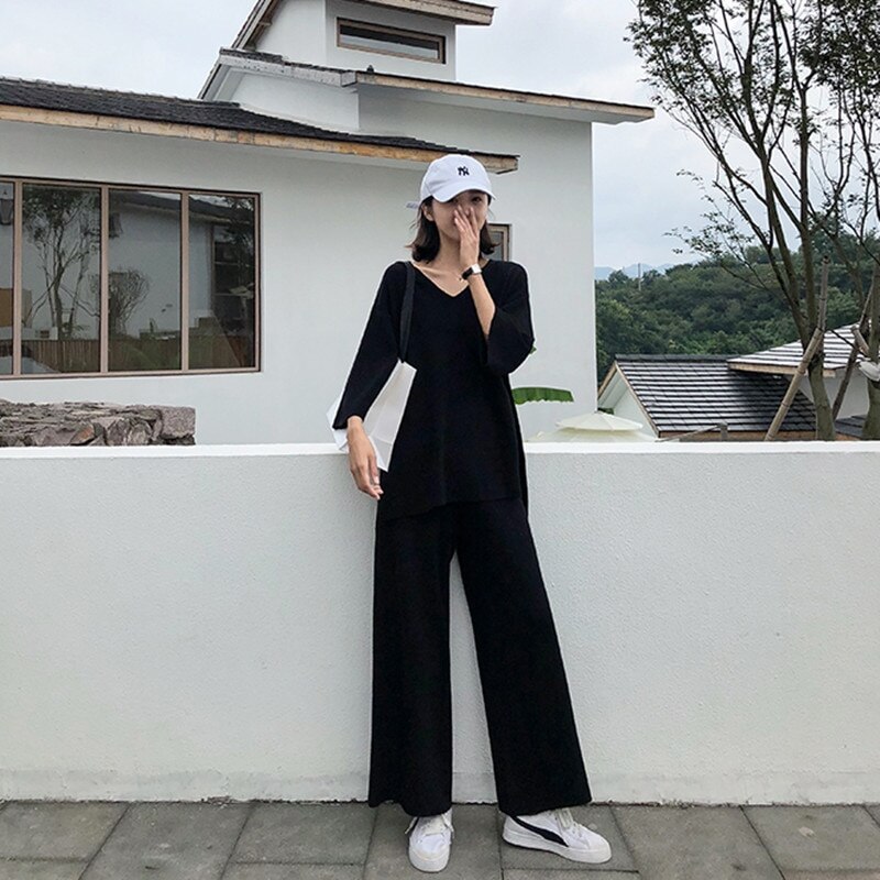 上下セット上着+パンツニット生地韓国ファッション刺超弾性ファブリックボタンカーディガン/Vネック 母の日