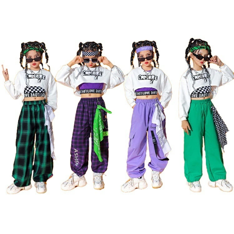 ダンス衣装 キッズ 三点セット セットアップ ヘソ出し チェック柄 長袖 ズボン ヒップホップ トップス 緑 紫 トレーナー 女の子 チアガール 子供服 派手 ストリート ジャズ 演出服 k-pop