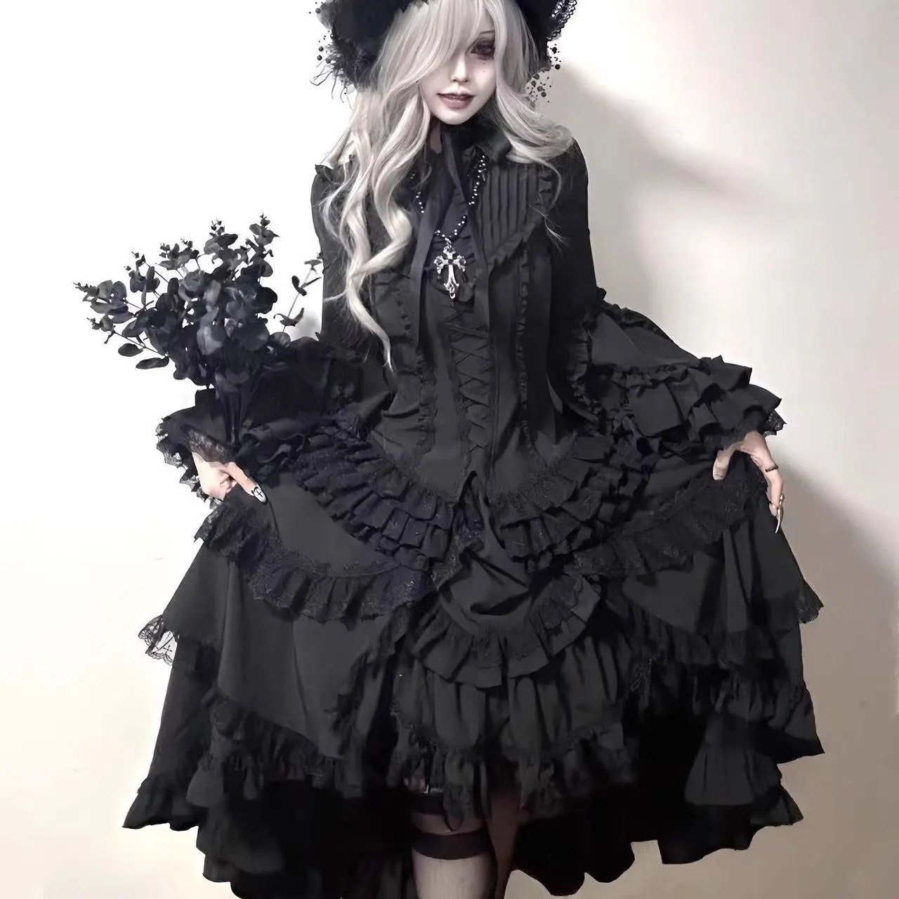 ウエストを絞ったダークゴシックスタイルのヘビーデューティープリンセススリーブシャツスカートロリータスタイルのエレガントな未亡人ドレス