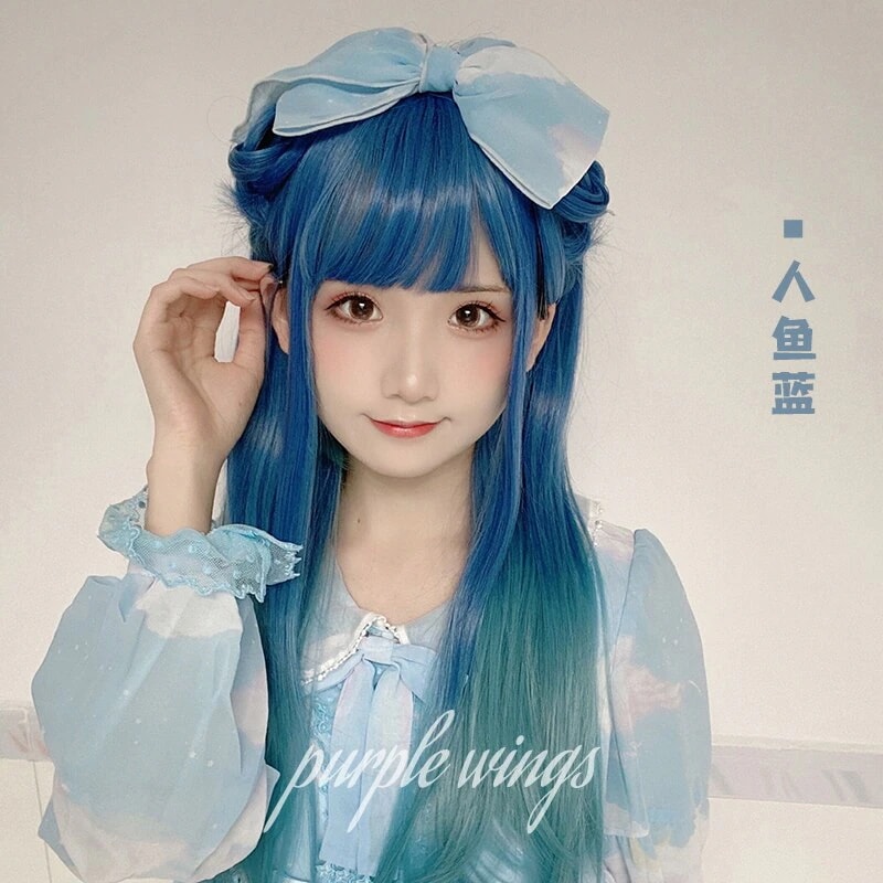 かつら女性ロングブルーグラデーションロリータウィッグjkデイリー甘くてかわいい顔の修理偽の髪