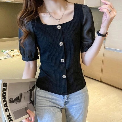 カットソー レディース 半袖 スクエアネック シアー シースルー フェミニン メンズライク かわいい 大人可愛い きれいめ シンプル ガーリー 無地 春 夏 学生 デート お出かけ ブラック トップス