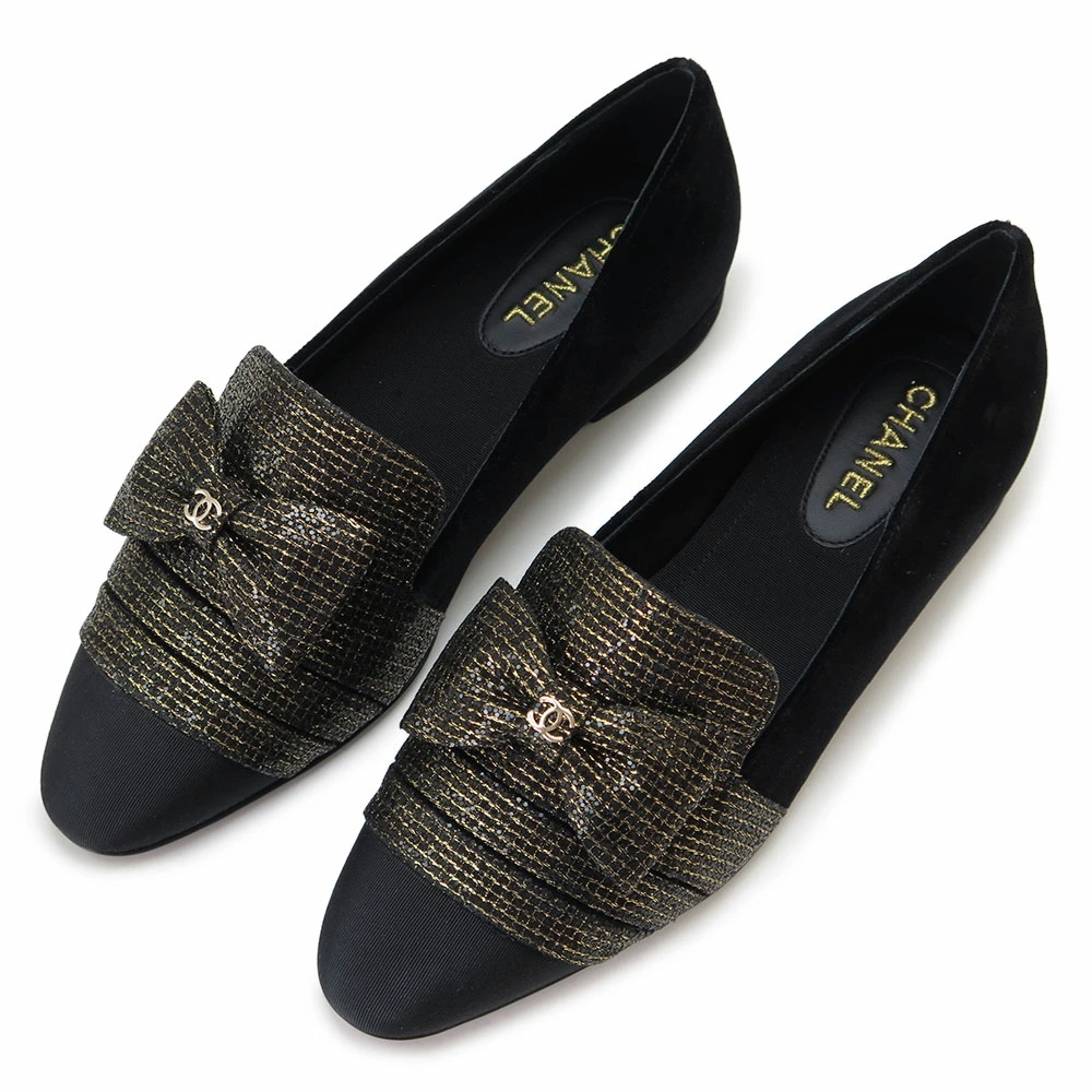 訳あり パンプス レディース シューズ 靴 リボン CCマーク ココマーク ラウンドトゥ フラットヒール 36.5サイズ 23.5cm ブラック＋ゴールド G34249