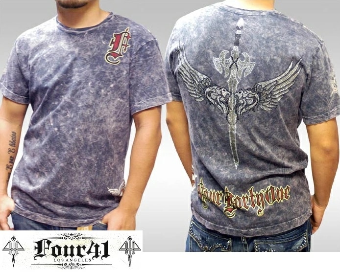 Four41 スワロフスキー Tシャツ グレー メンズ ラインストーン ウィングダガー インポート セレブ ブランド アフリクション クロムハーツ スタイル Ed Hardy エドハーディー ストリー