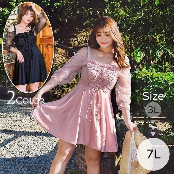 体型カバー 水着 水泳 大きいサイズ オトナ女子 フリル 可愛い レディース プール ビーチ ワンピース 袖あり ぽっちゃり レースアップ 透け感 韓国風 海