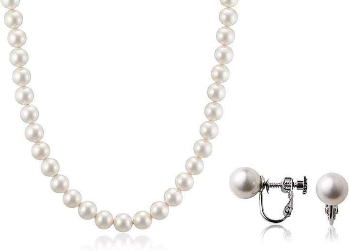 人工真珠 ナチュラル パールネックレス 冠婚葬祭 日本製( ホワイトイヤリングセット, ［02］ 全長42cm)