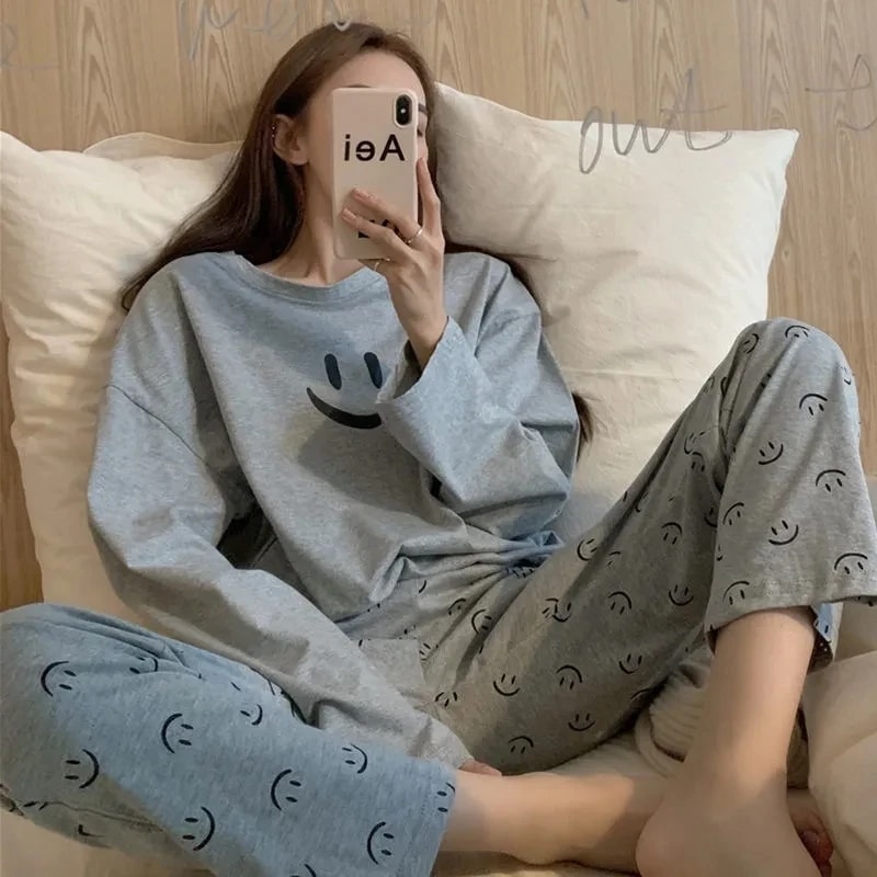 納期3週間程：女性のための柔らかい綿のパジャマ,スマイリースタイル,上質な黒の服,暖かいパンツ,ナイトガウン,秋と冬