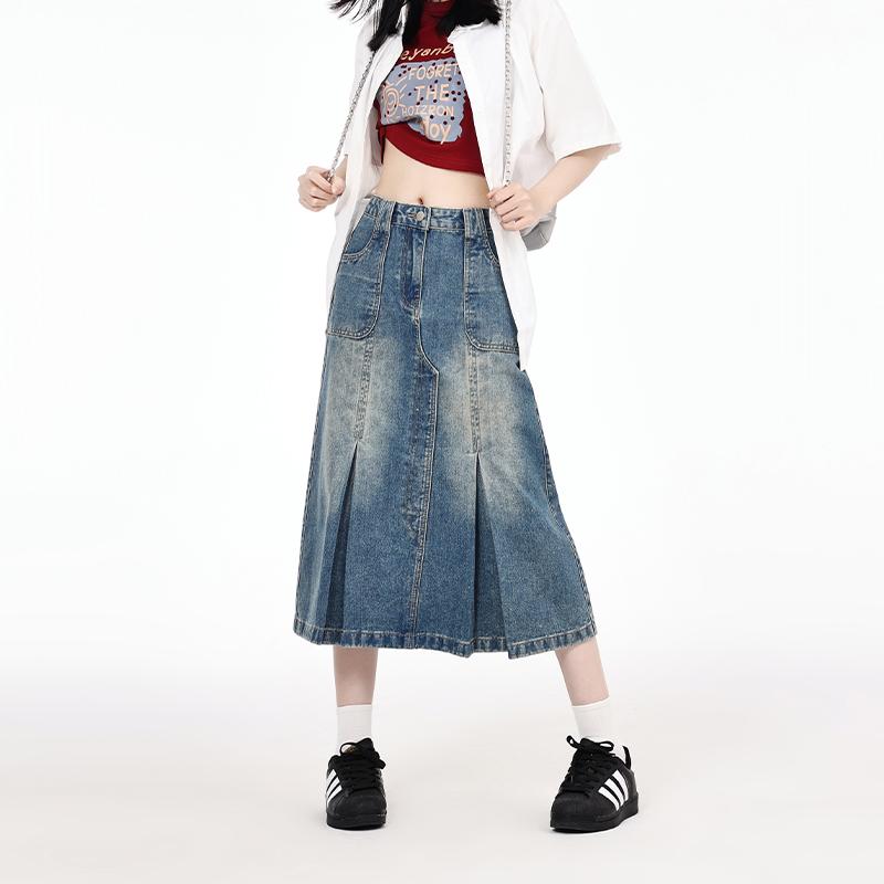 デニムスカート ロング aライン レディース かわいい おしゃれ カジュアル レジャー 春秋 アメリカン レトロ プリーツ ハイウエスト スリム 青