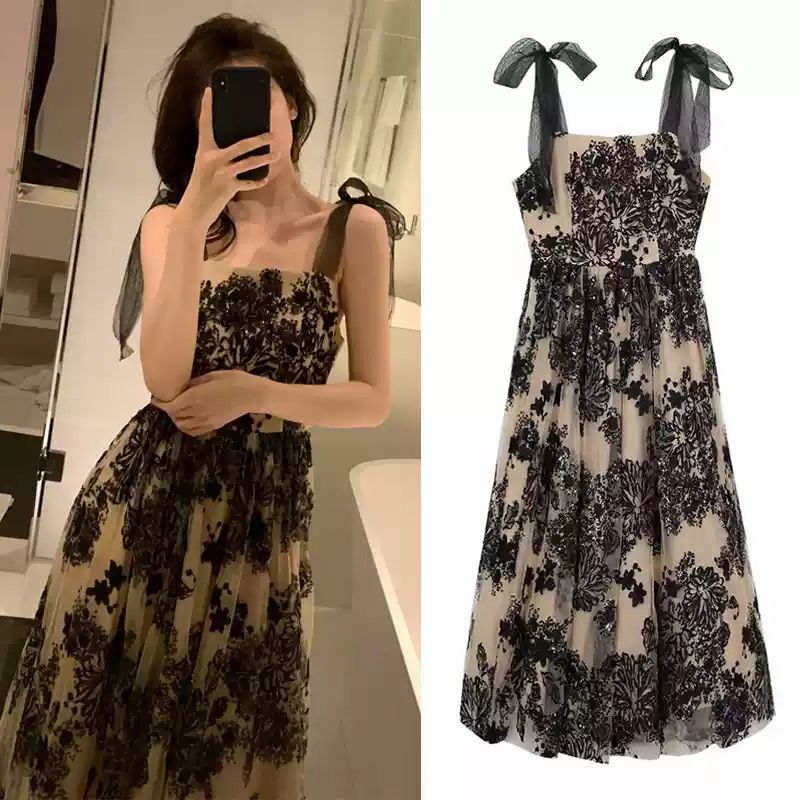 花柄チュールワンピースキャミソールドレス レディース ミモレ ロング ノースリーブ スクエアネック Aライン レース ハイウエスト かわいい おしゃれ レトロ エレガント 花柄 S M L XL