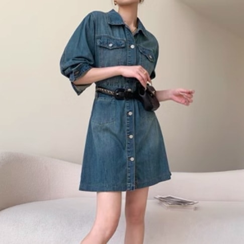 ワンピース レディース シャツ デニムワンピース 春服 夏服 秋服 ひざ上 お尻隠れ 長袖 襟付き Aライン モテ 華奢見え 細見え 日常使い デイリー 定番 無地 ワンカラー S M L XL 綿