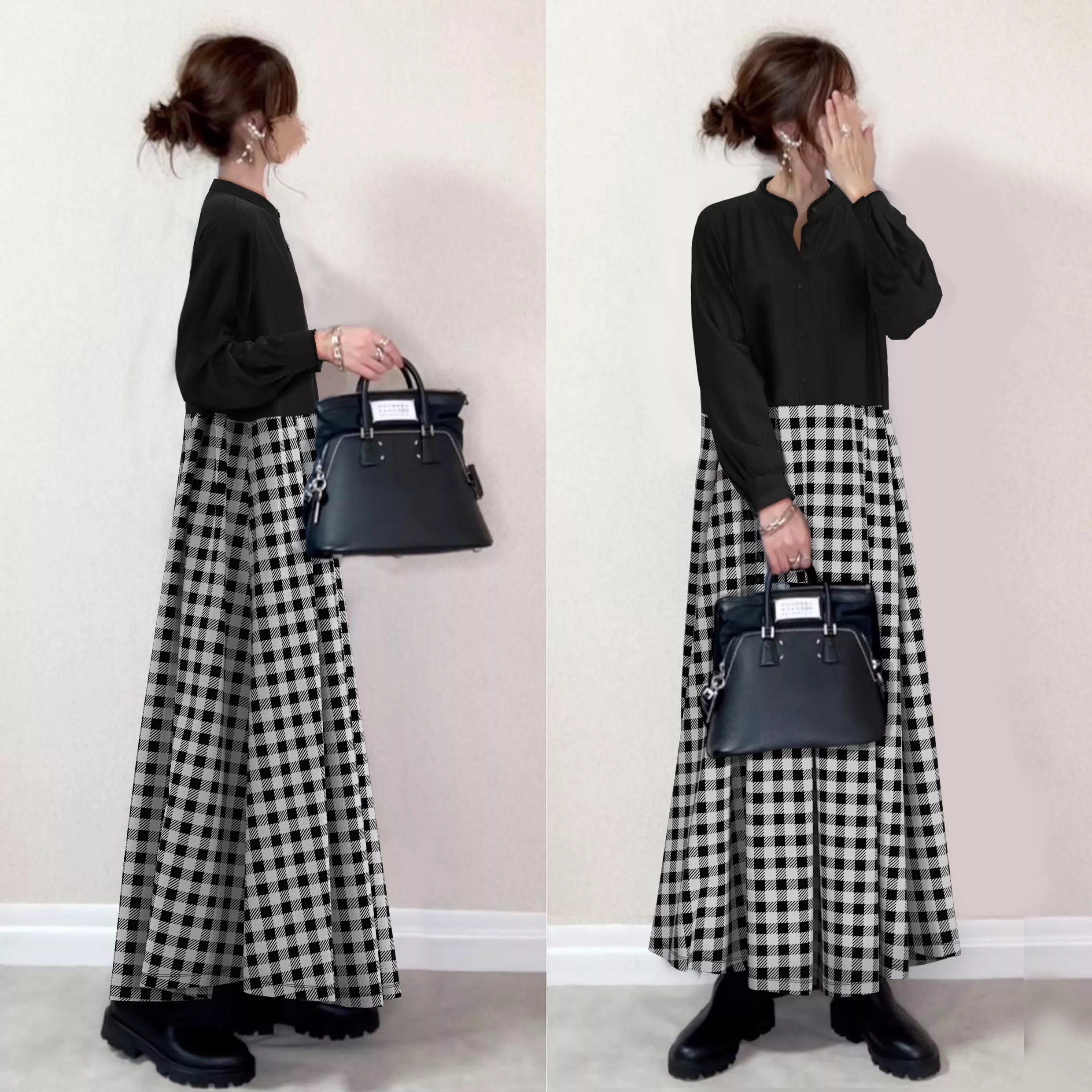 【再入荷予定】ファッション チェック柄 切り替え 足首丈 Aライン カジュアル ワンピース