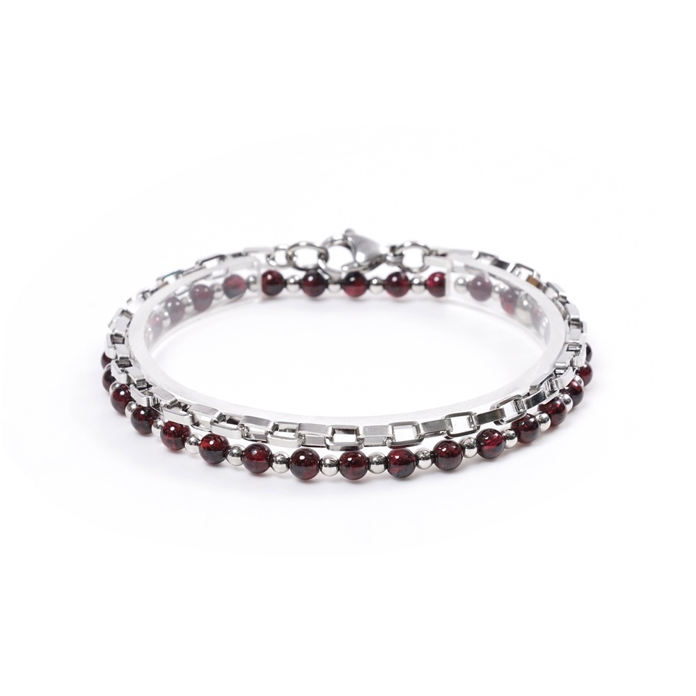 JBANS クラシックボールドボックスサージカルスチール 514 ガーネットストーン 553 ブレスレットセット (C2101-SE157_SV)